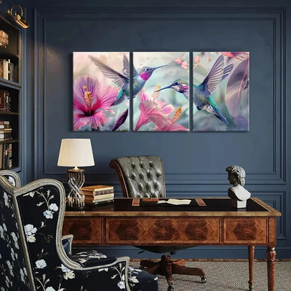 3pcs Vibrant Hummingbirds Exotic Flowers Metal Print Ready to Hang Art