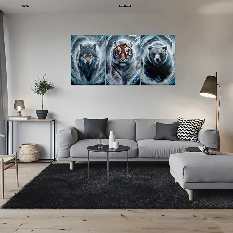 3pcs Wolf Tiger Bear Animal Themed Metal Print Ready to Hang Art