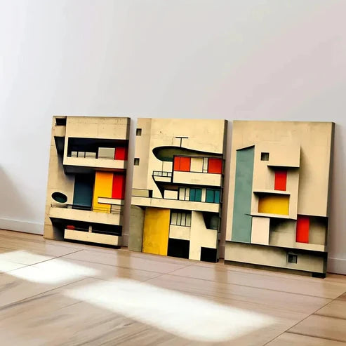3pcs Abstract Modern Triptych Corbusier Blocks Wall Art Canvas Unframed - High Quality Print 100% Australian Made Wall Canvas