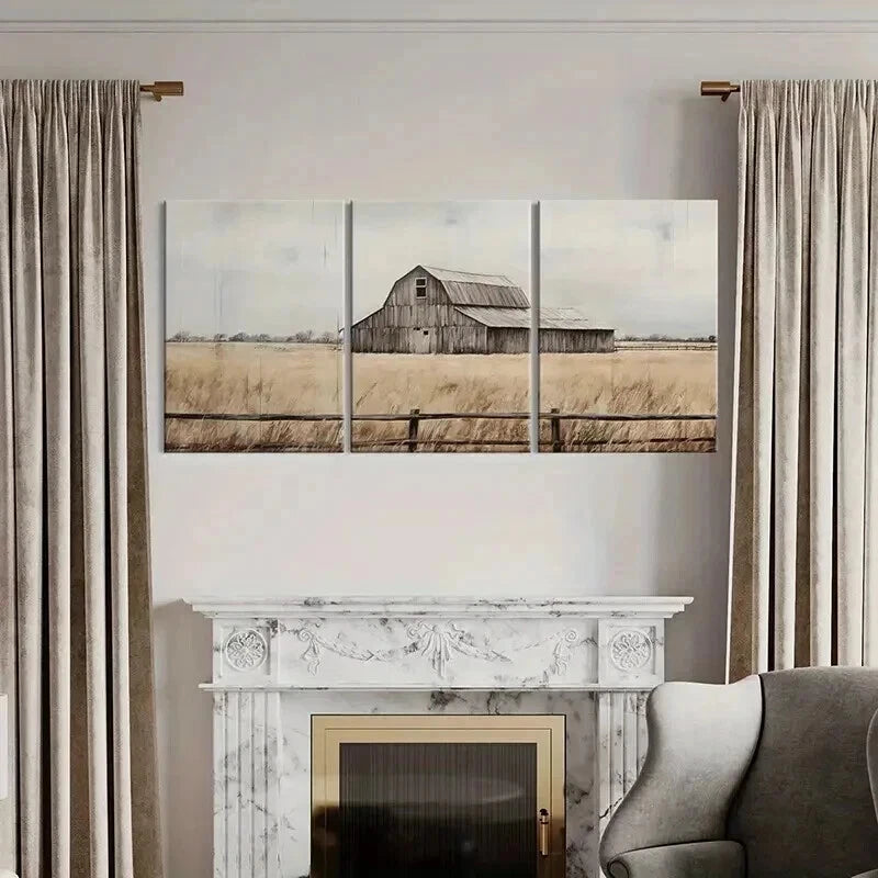 3pcs Rustic Barn Golden Field Wooden Fence Wall Art Set Canvas Framed 40x60cm - High Quality Print 100% Australian Made Wall Canvas Ready to Hang