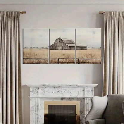 3pcs Rustic Barn Golden Field Wooden Fence Wall Art Set Canvas Framed 40x60cm - High Quality Print 100% Australian Made Wall Canvas Ready to Hang