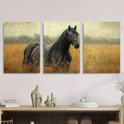 3pcs Black Retro Prairie Horse Golden Grass Metal Print Ready to Hang Art