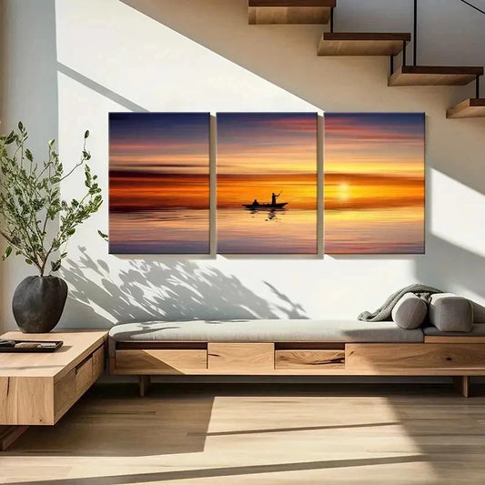 3pcs Fisherman Boat Under Sunset Wall Art Set Canvas Framed 40x60cm - High Quality Print 100% Australian Made Wall Canvas Ready to Hang