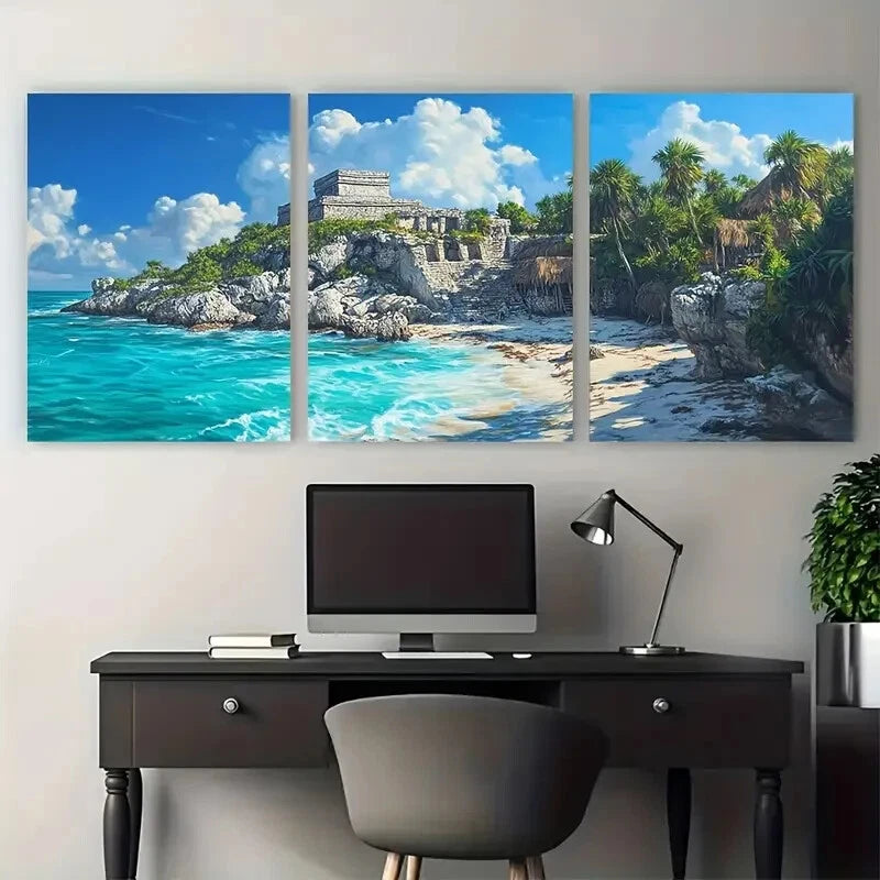 3pcs Serene Coastal Village Painting with Mayan Metal Print Ready to Hang Art