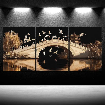 3pcs Beautiful Arch Bridge Flying Birds Metal Print Ready to Hang Art