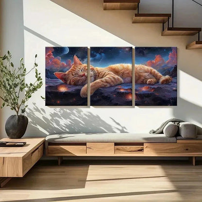 3pcs Slumbering Cat In The Stars Background Wall Art Set Canvas Framed 40x60cm - High Quality Print 100% Australian Made Wall Canvas Ready to Hang