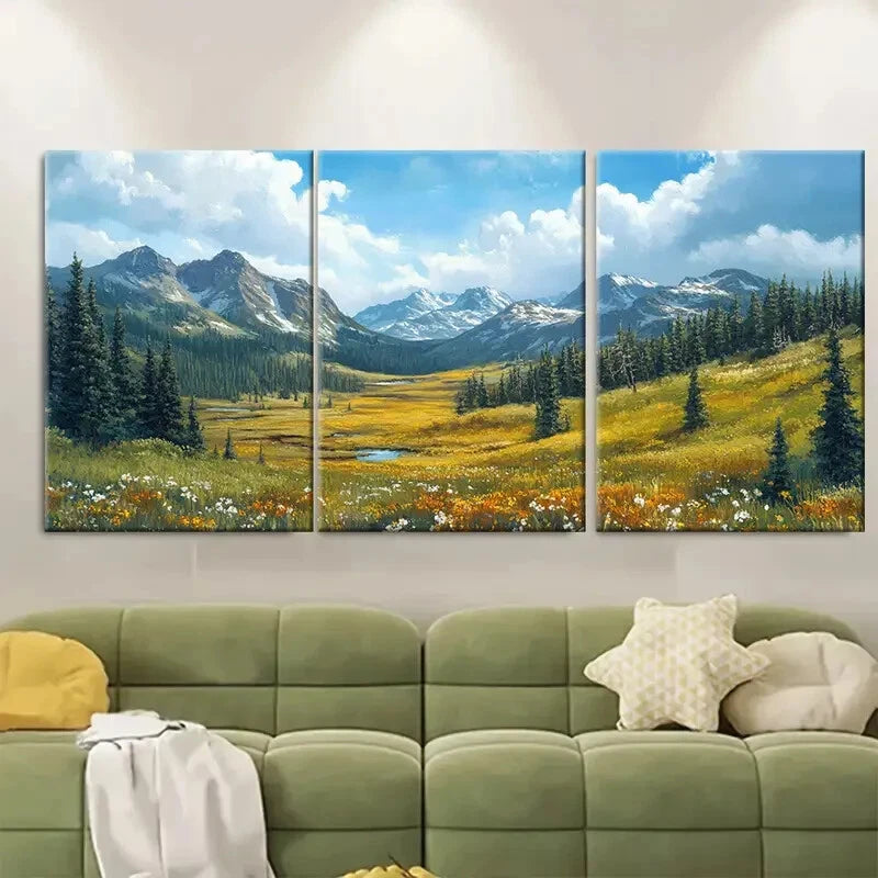 3pcs Vibrant Mountain & Meadow Landscape Metal Print Ready to Hang Art