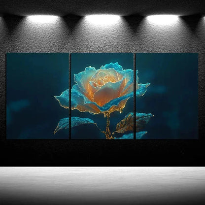 3pcs Abstract Golden Rose Flower Metal Print Ready to Hang Art