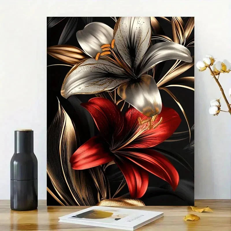 Flower Design, Golden And Red Color Lily Flowers 40x60cm Metal Print Ready to Hang