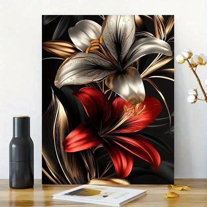 Flower Design, Golden And Red Color Lily Flowers 40x60cm Metal Print Ready to Hang