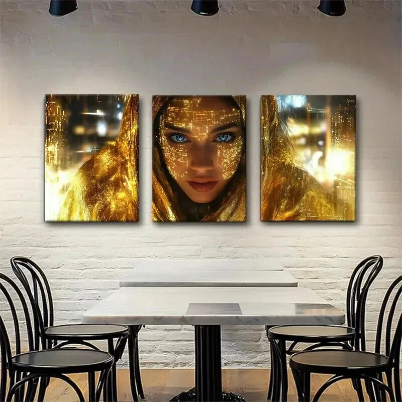 3pcs Futuristic Cyberpunk Golden Face Perfect Wall Art Set Canvas Framed 40x60cm - High Quality Print 100% Australian Made Wall Canvas Ready to Hang