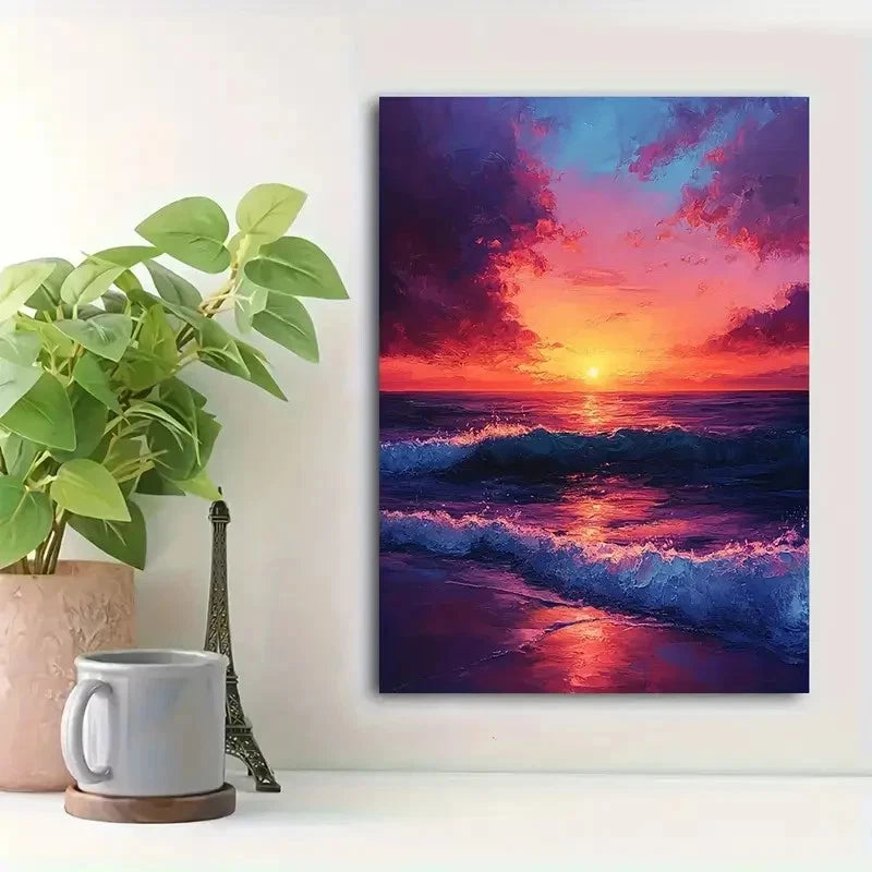 Beautiful Purple Pink Orange Blue Seascape Painting 40x60cm Metal Print Ready to Hang