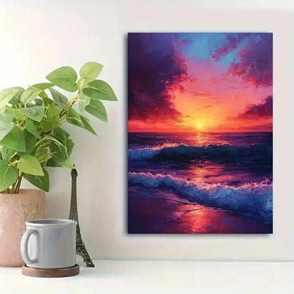 Beautiful Purple Pink Orange Blue Seascape Painting 40x60cm Metal Print Ready to Hang