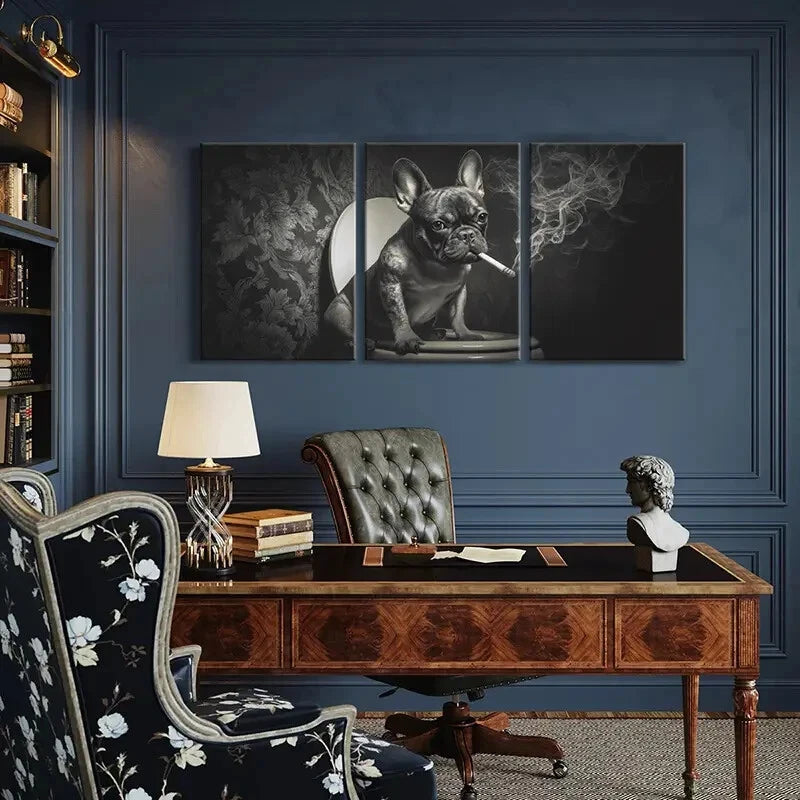 3pcs Artistic French Bulldog Smoking Cigarette Metal Print Ready to Hang Art