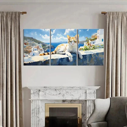 3pcs Abstract Cat & Aegean Sea of Greece Scene Wall Art Set Canvas Framed 40x60cm - High Quality Print 100% Australian Made Wall Canvas Ready to Hang