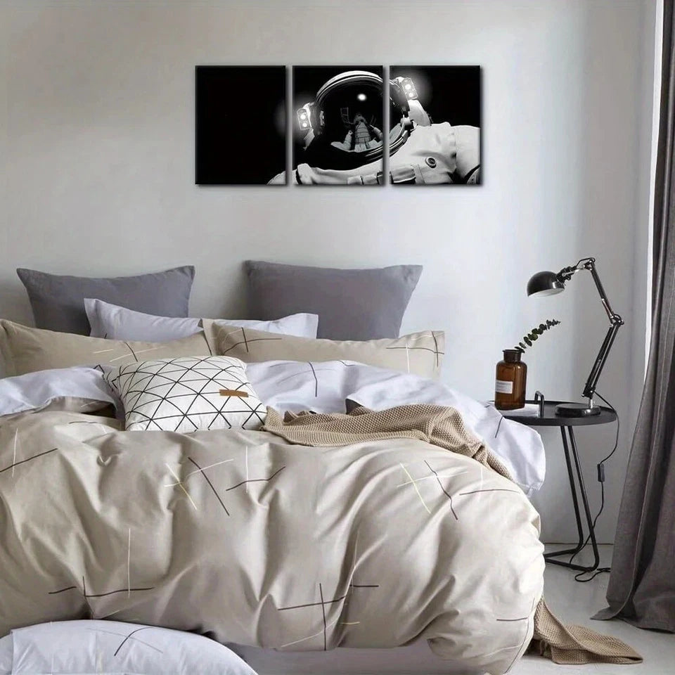 3pcs Black& White Astronaut Helmet Lights Space Metal Print Ready to Hang Art