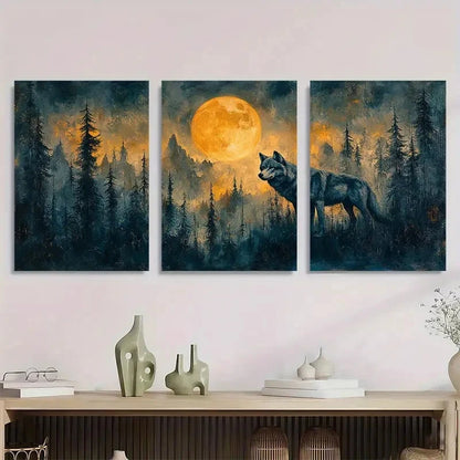 3pcs Full Moon Wolf Contemporary Perfect Wall Art Set Canvas Framed 40x60cm - High Quality Print 100% Australian Made Wall Canvas Ready to Hang