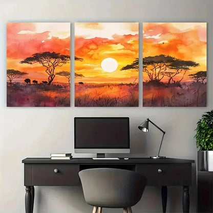 3pcs African Sunset African Scenic Perfect Wall Art Set Canvas Framed 50x70cm - High Quality Print 100% Australian Made Wall Canvas Ready to Hang