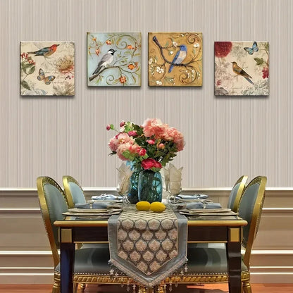 4pcs Elegant Floral & Bird Design Wall Art Canvas Framed