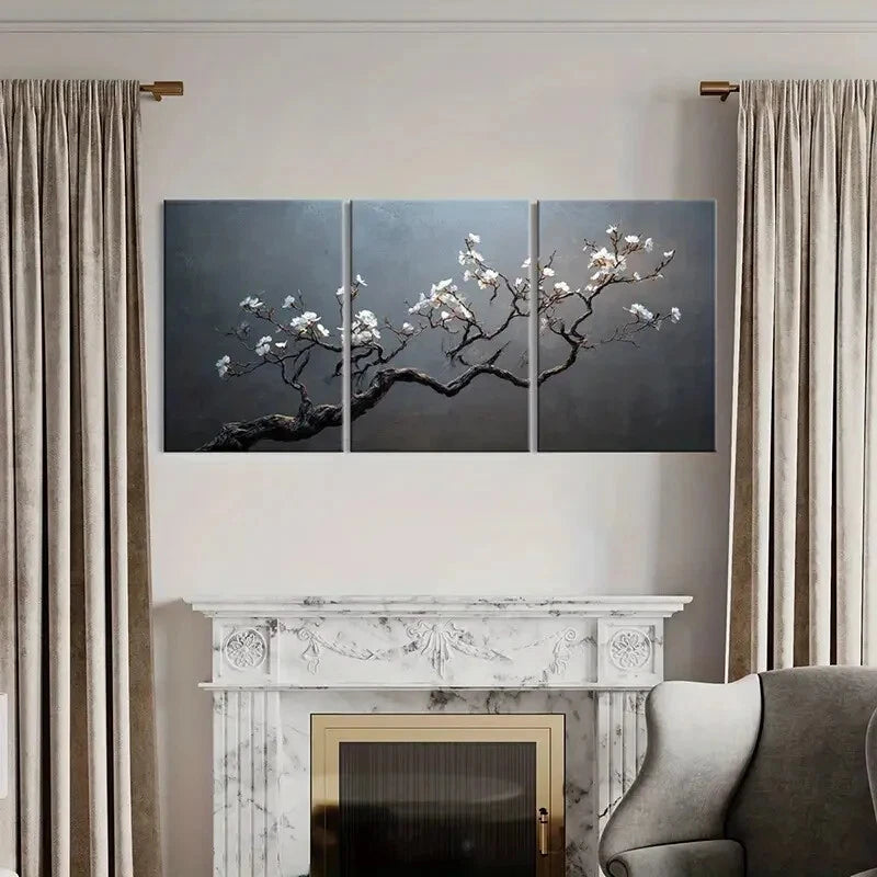 3pcs Artistic Blossom Branch with White Flowers Metal Print Ready to Hang Art