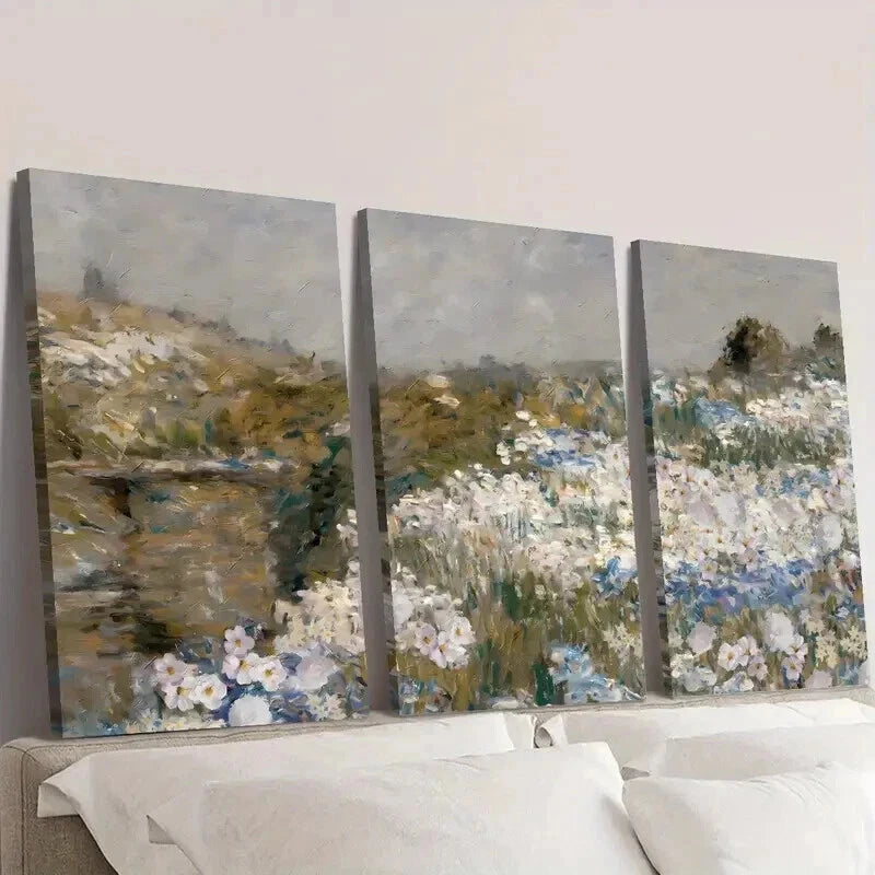 3pcs Vintage Grassland & Wildflower Paintings Wall Art Set Canvas Framed 40x60cm - High Quality Print 100% Australian Made Wall Canvas Ready to Hang