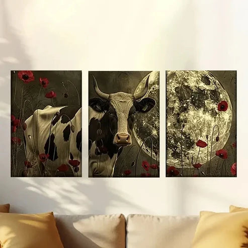 3pcs Cow & Floral Scene with Moonlit Night Wall Art Set Canvas Unframed - High Quality Print 100% Australian Made Wall Canvas