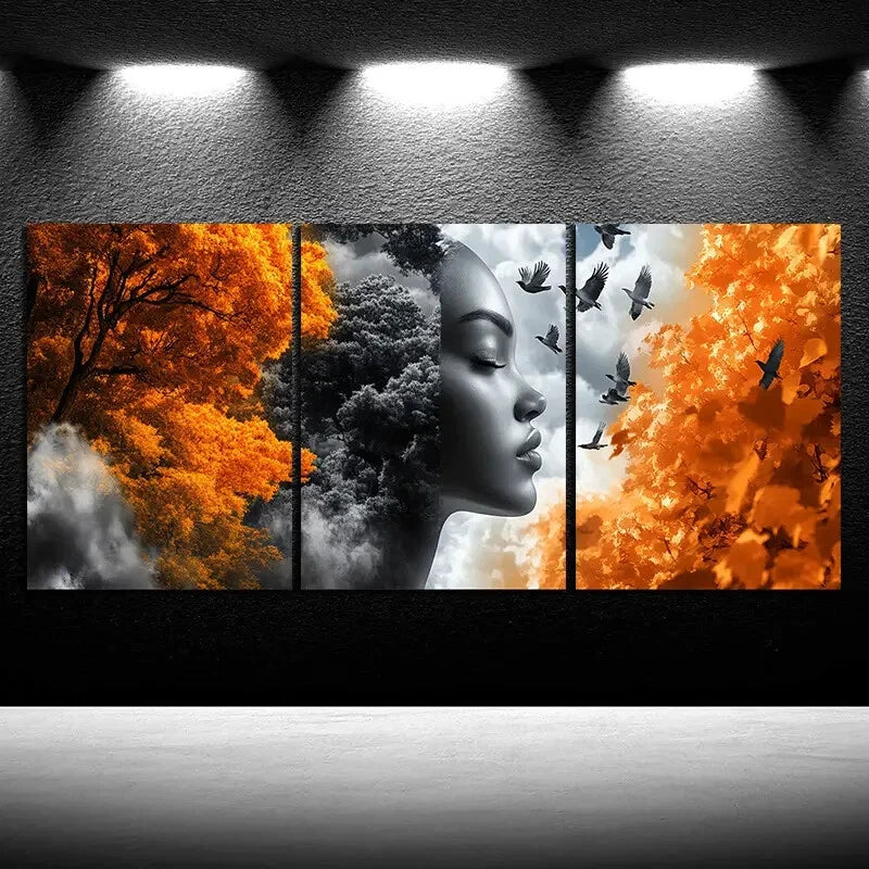 3pcs Trees and Women Golden Themed Flying Birds Metal Print Ready to Hang Art