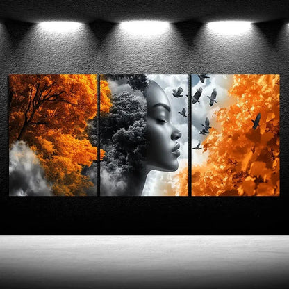 3pcs Trees and Women Golden Themed Flying Birds Metal Print Ready to Hang Art