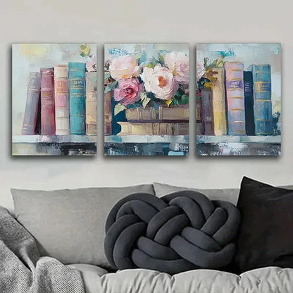 3pcs Books on the Shelf Rose Charm Perfect Wall Art Set Canvas Unframed - High Quality Print 100% Australian Made Wall Canvas