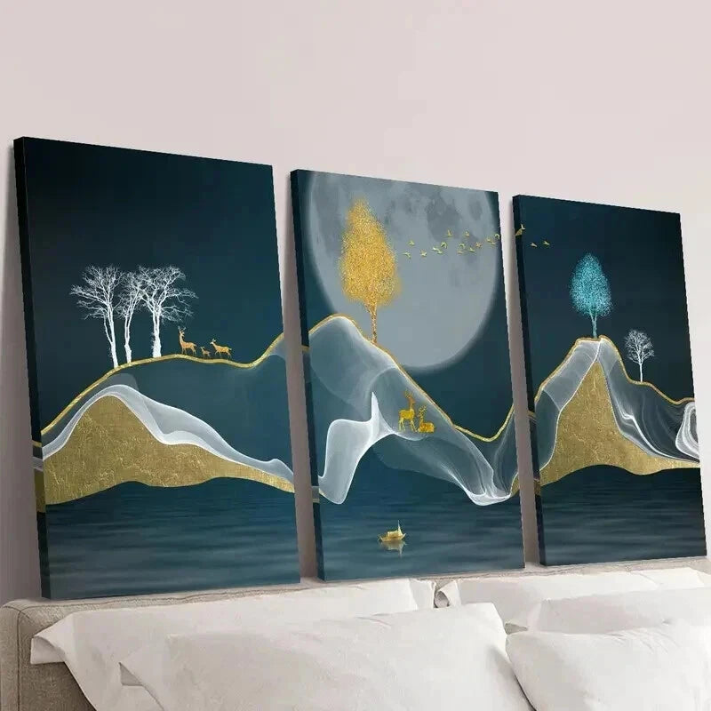 3pcs Night Sky Gold Deer Birds Elk And a Boat Wall Art Set Canvas Framed 40x60cm - High Quality Print 100% Australian Made Wall Canvas Ready to Hang