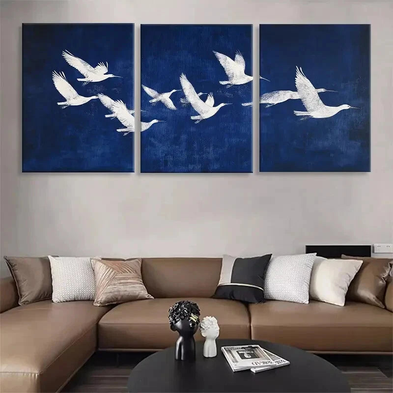 3pcs Elegant White Birds in Flight Blue Metal Print Ready to Hang Art