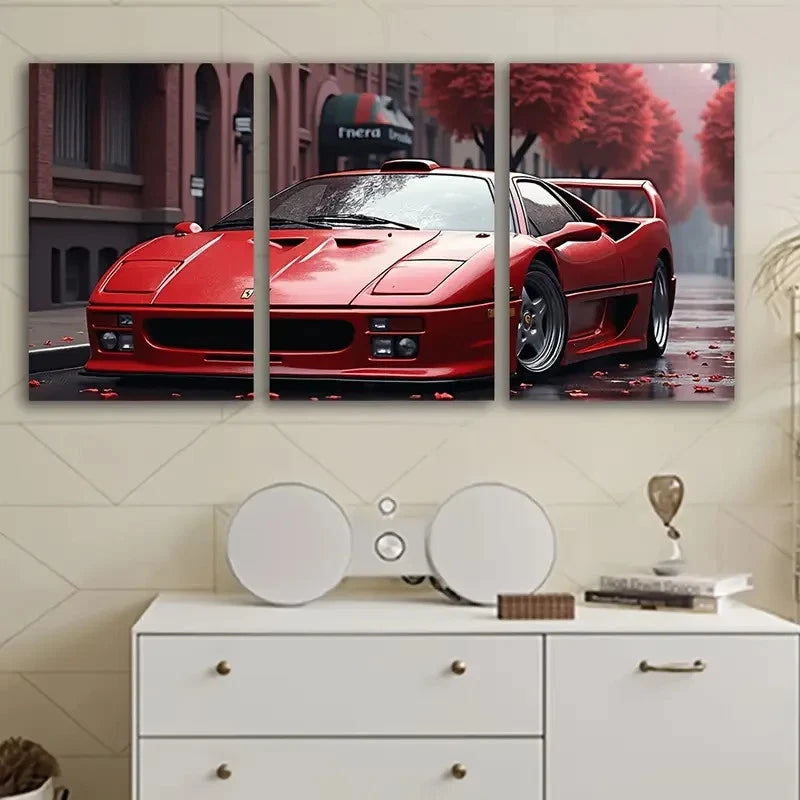 3pcs Red Ferrari In The Cityscape Wall Art Set Canvas Framed 40x60cm - High Quality Print 100% Australian Made Wall Canvas Ready to Hang
