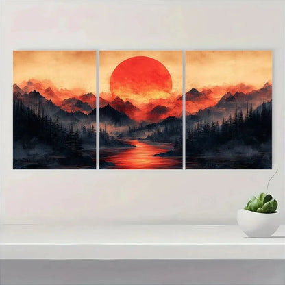 3pcs Japanese Sunset Mountain Metal Print Ready to Hang Art