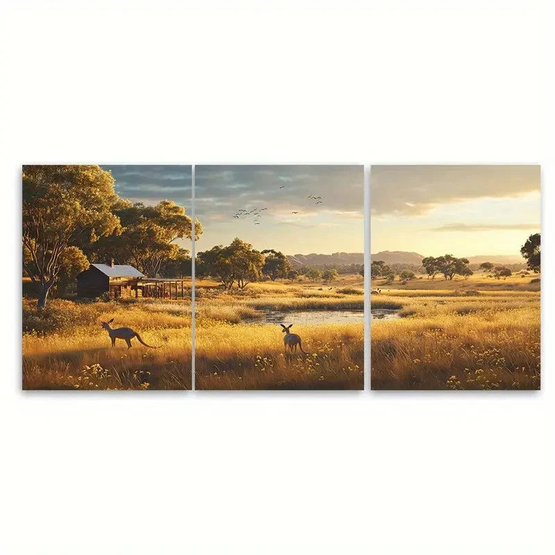 3pcs Grazing Kangaroos in Golden grasslands Wall Art Set Canvas Framed 60x90cm - High Quality Print 100% Australian Made Wall Canvas Ready to Hang