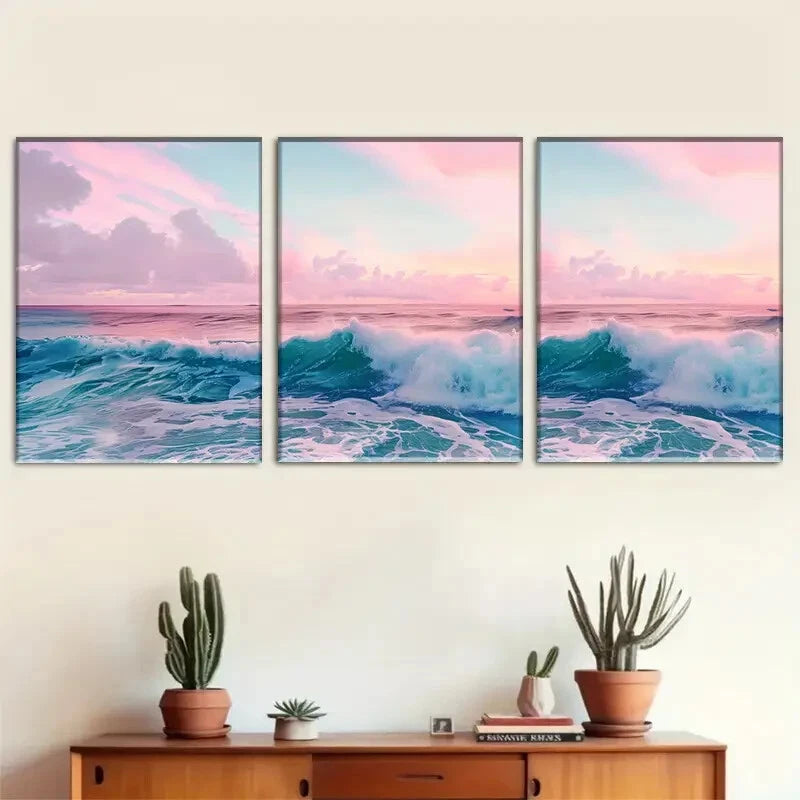 3pcs Ocean Wave Pink Sky Sea Landscape Perfect Wall Art Set Canvas Framed 40x60cm - High Quality Print 100% Australian Made Wall Canvas Ready to Hang