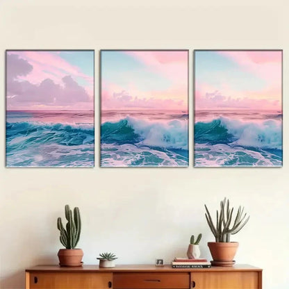 3pcs Ocean Wave Pink Sky Sea Landscape Perfect Wall Art Set Canvas Framed 40x60cm - High Quality Print 100% Australian Made Wall Canvas Ready to Hang