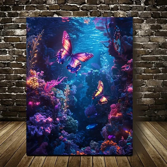 Dreamlike Coral Reef Scene with Glowing Neon Painting 40x60cm Metal Print Ready to Hang