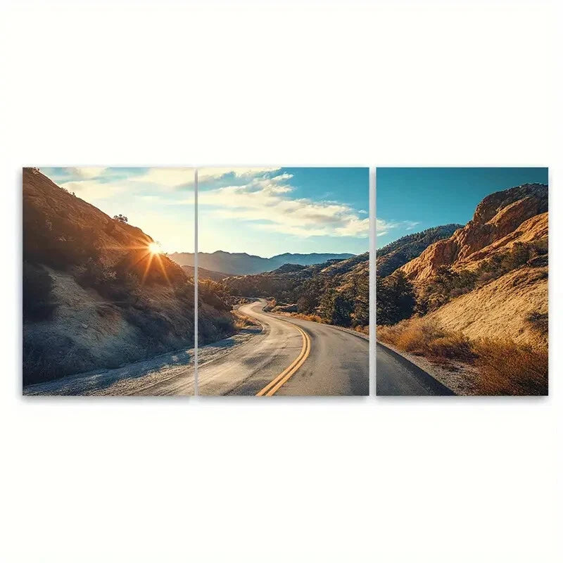 3pcs Vibrant Canyon & Sunset Roadway Design Metal Print Ready to Hang Art