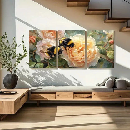 3pcs Vibrant Floral Bee Design Soft Pastel Metal Print Ready to Hang Art