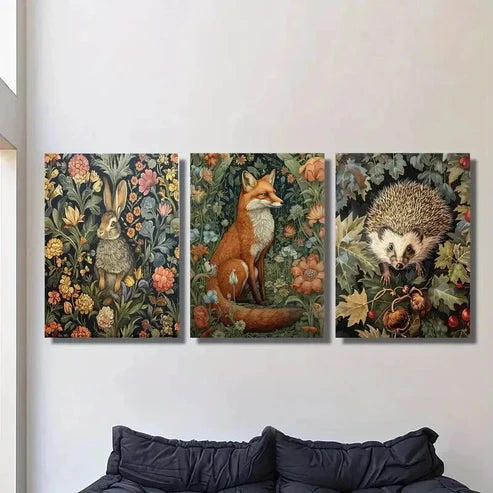 3pcs Bunny Fox Hedgehog with Flowers Wall Art Set Canvas Unframed - High Quality Print 100% Australian Made Wall Canvas