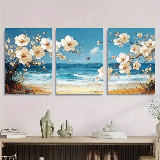 3pcs Flowers & Butterflies Vibrant Coastal Metal Print Ready to Hang Art