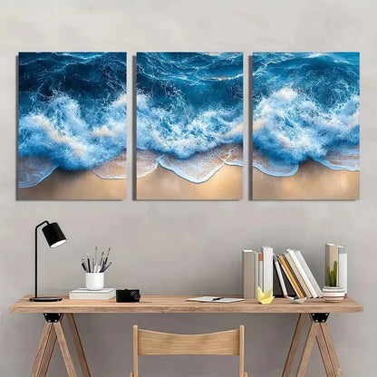 3pcs Soothing Beach Art Triptych Ocean Waves Metal Print Ready to Hang Art