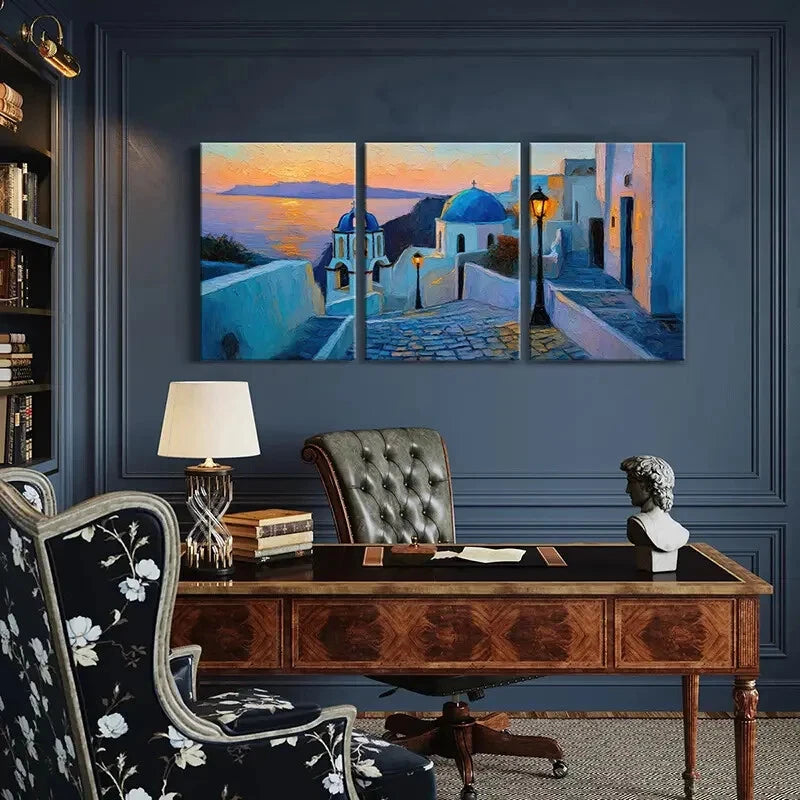 3pcs Santorini Sunset Mediterranean Coastal Scene Metal Print Ready to Hang Art
