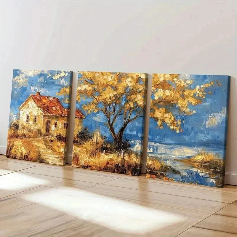 3pcs Autumn Cottage Golden Tree Serene Landscape Wall Art Set Canvas Framed 40x60cm - High Quality Print 100% Australian Made Wall Canvas Ready to Hang