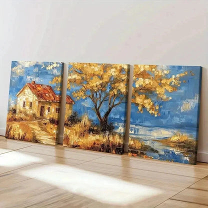 3pcs Autumn Cottage Golden Tree Serene Landscape Wall Art Set Canvas Framed 40x60cm - High Quality Print 100% Australian Made Wall Canvas Ready to Hang