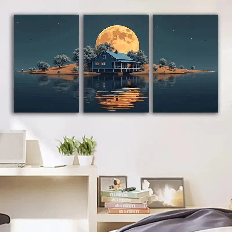 3pcs Moonlit House and Lake Night Scene Wall Art Set Canvas Framed 50x70cm - High Quality Print 100% Australian Made Wall Canvas Ready to Hang