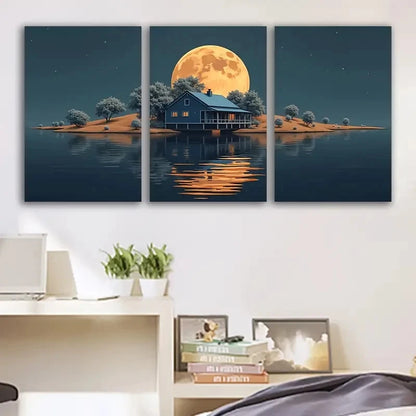 3pcs Moonlit House and Lake Night Scene Wall Art Set Canvas Framed 50x70cm - High Quality Print 100% Australian Made Wall Canvas Ready to Hang