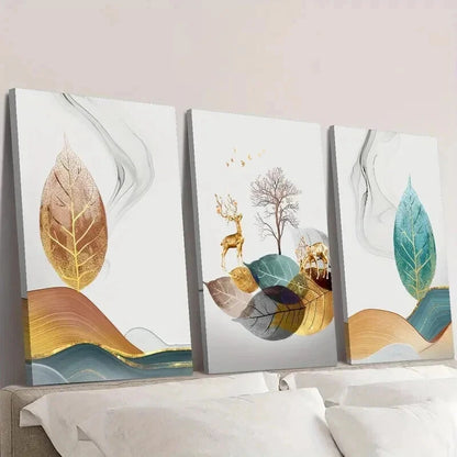 3pcs Light Luxury Gilded Deer And Lucky Tree Wall Art Set Canvas Framed 40x60cm - High Quality Print 100% Australian Made Wall Canvas Ready to Hang