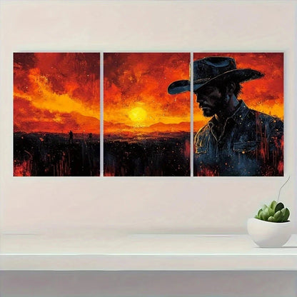 3pcs Old Timey Wild West Cowboy Oil Painting Metal Print Ready to Hang Art