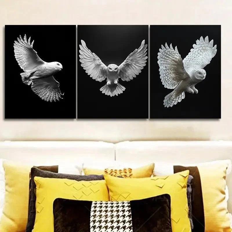 3pcs White Owl - Art Deco Modern Contemporary Metal Print Ready to Hang Art